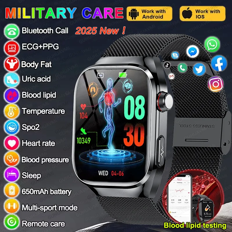 2025 Laser Diagnosis Uric Acid Blood Fat Precise Smart Watch Men Body Fat Blood pressure Heart rate ECG+PPG Pulse Health  Watchs