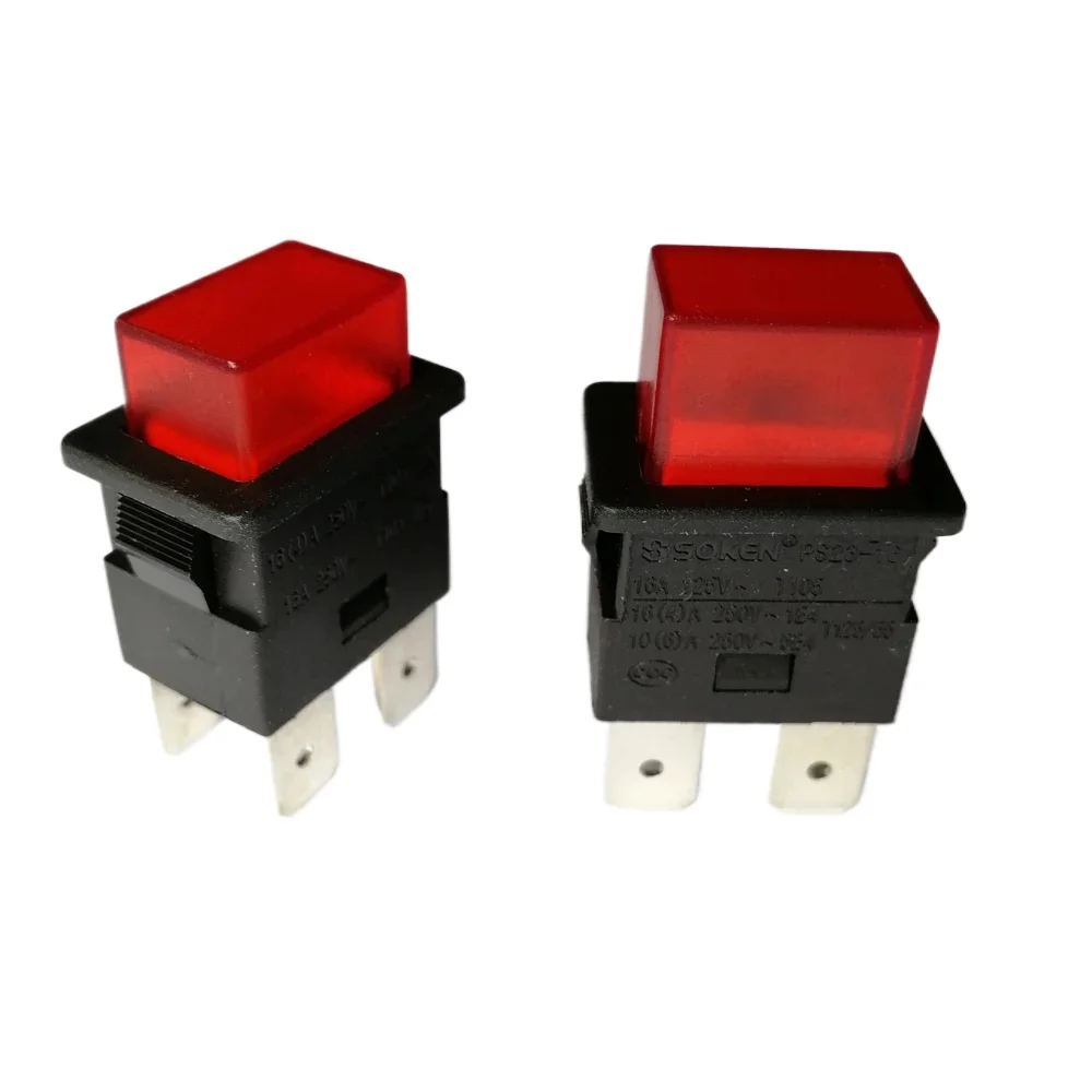 2Pcs SOKEN PS23-16 Self-locking Red Pushbutton Switches 4Pins 16A Socket Strip Push Button Switch with LED for Vacuum Cleaner