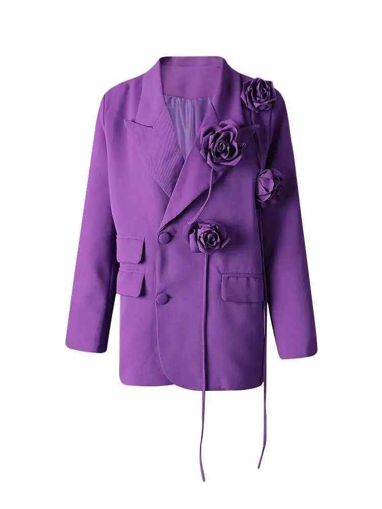 TLXT แฟชั่นผู้หญิงสีม่วงสามมิติดอกไม้เบลเซอร์ปกหลวมไหล่เดี่ยวเสื้อสูทฤดูใบไม้ร่วงใหม่