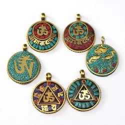 Nepalese Buddhist Handmade Flat Round 36x29mm Tibetan Brass Metal & Clay Loose Pendant Bead For Jewelry Making DIY Necklace