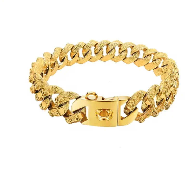 

PMGPET Bully Pitbull Large Dog Collar 32mm Gold Stainless Steel SKULL Design Metal Pet Choker Lead Pet Supplies