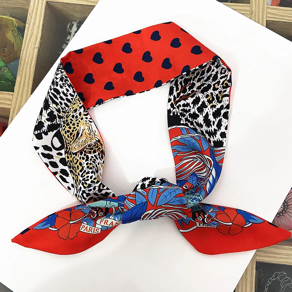 Brand Leopard Parrot Heart Silk Scarf Women Design Summer Scarf For Ladies Hair Accessories Foulard Hair & Bag Scarves Headband