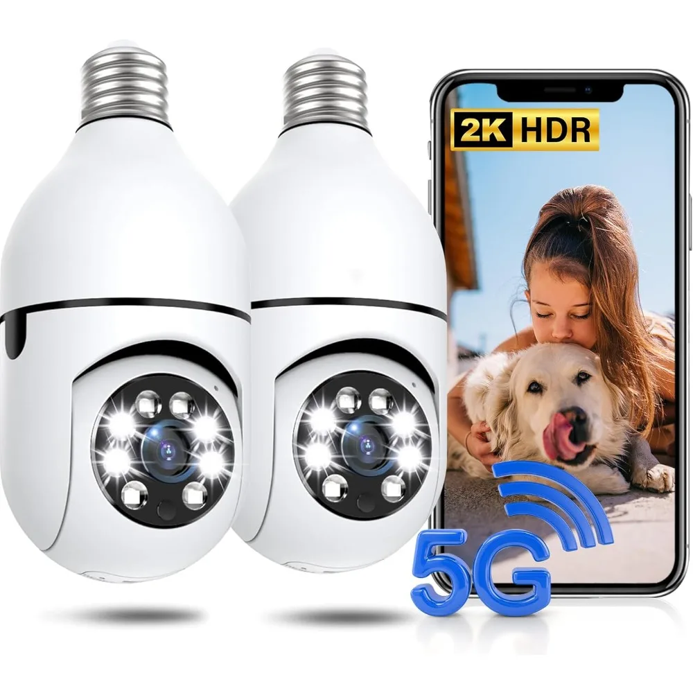 Light bulb security camera 2 packs, 5g&2.4ghz 2k security cameras wireless outdoor 360° ptz cameras for home security with color