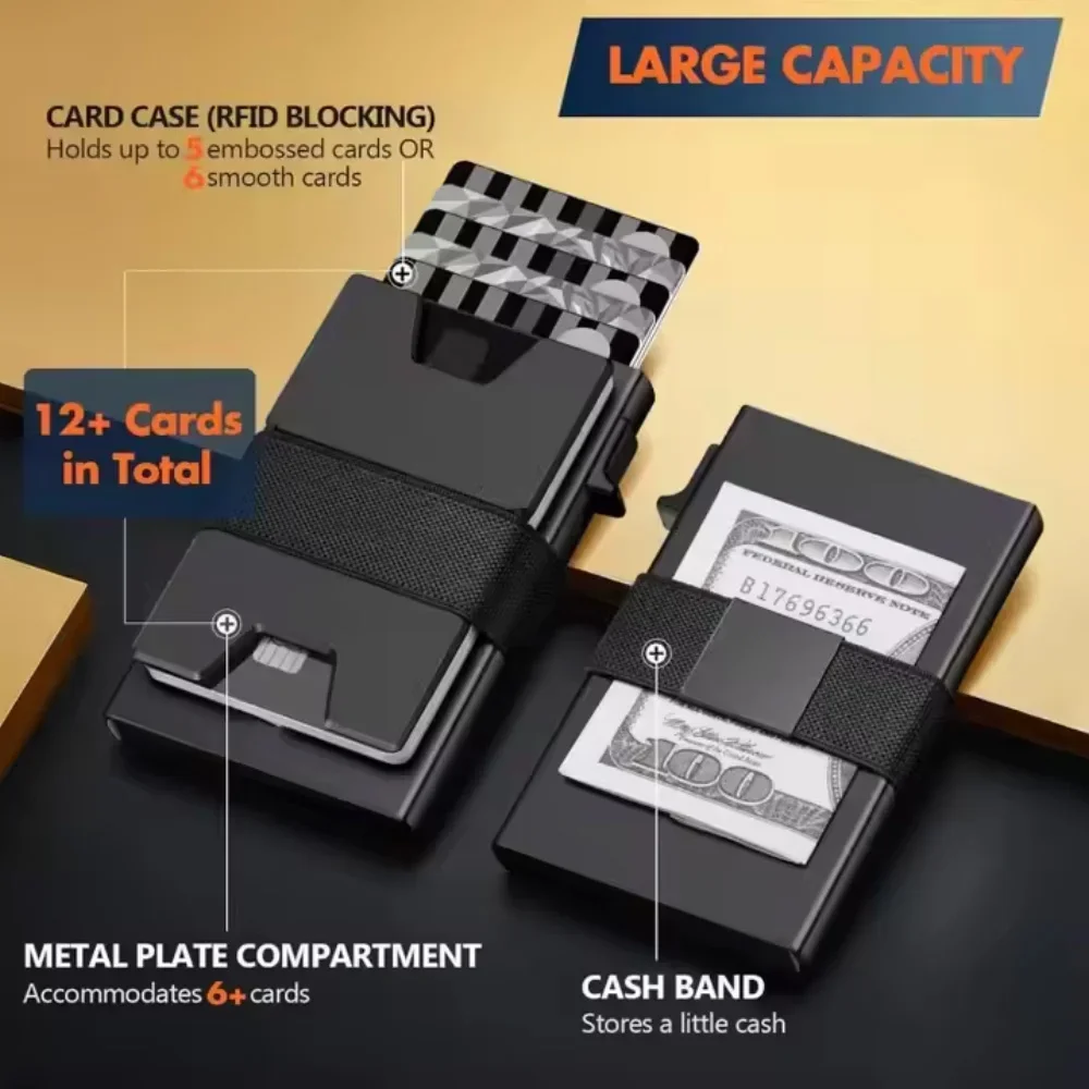 Credit Card Holder Men Minimalistic Wallet Aluminium  Automatic Pop Up Metal Case Rfid Wallets with Cash Band Credit Cardholder