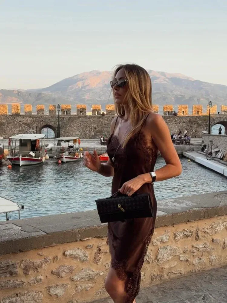 New Satin Slip Sexy Lace Spliced Mini Dress Women Sleeveless Backless Asymmetric Light Party Dresses 2026 Summer Vacation Dress