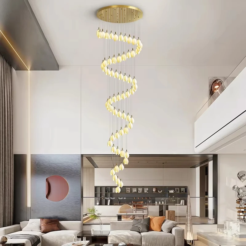 Luxury Magnolia Flower Hanging Staircase Chandeliers for Loft Lobby Living Room Long Ceramics Hanging Chandelier High Ceiling