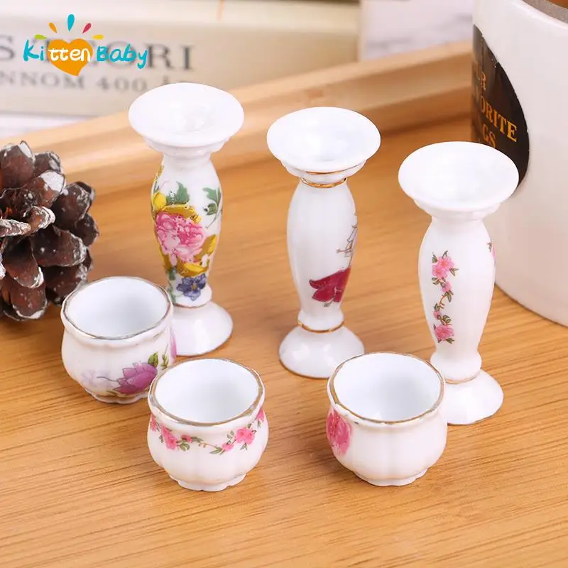 Dollhouse Miniature Mini Ceramic Roman Column Flowerpot Simulation Flower Pot Bouquet Model Toy for Doll House Decoration