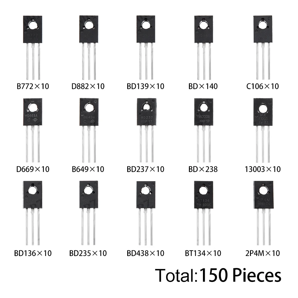 150PCS BT134 2P4M TO-126 Transistor Assortment Kit Pack B772 D882 BD139 BD140 C106 D669 B649 D237 D238 13003 BD136 BD235 BD438
