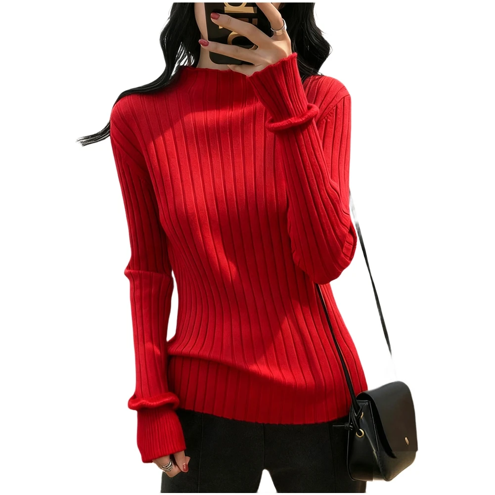 

Women Half High Neck Knitted Sweater Slim Fit Pullover All Match Long Sleeve Casual For Jumper for Autumn Winter