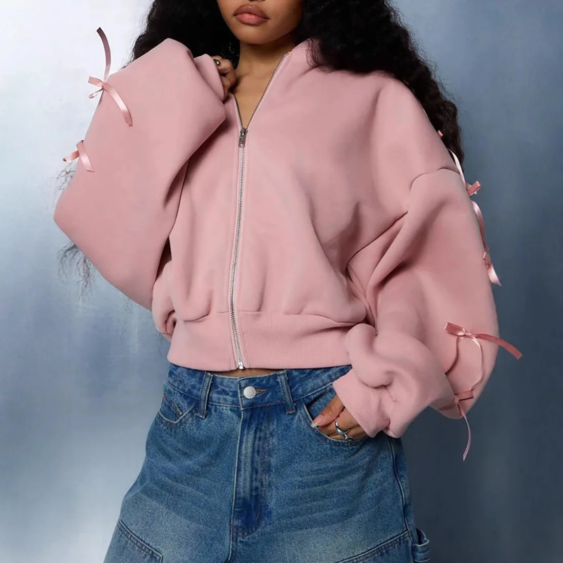 Basic Butterfly Decor Zip Up Hooded Sweatshirt Long Sleeve Pockets Loose Fit Solid Color Cozy Warm Fall Winter Outerwear Hoodie