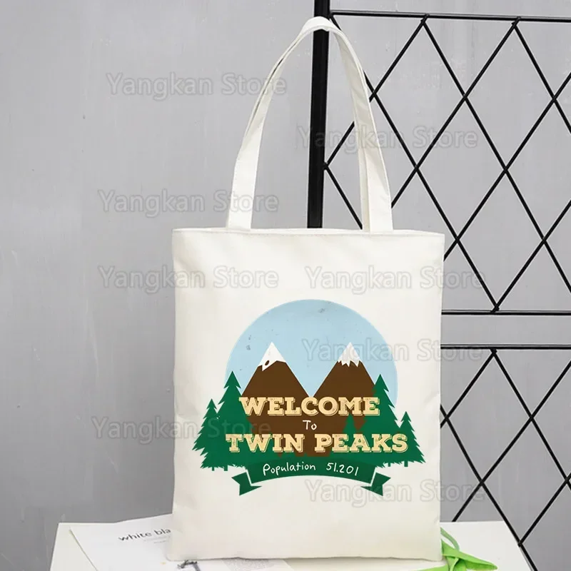Bolso de lona con estampado de dibujos animados de Twin Peaks, bolsos de mano grandes informales para mujer, bolso de compras con estampado de gran capacidad