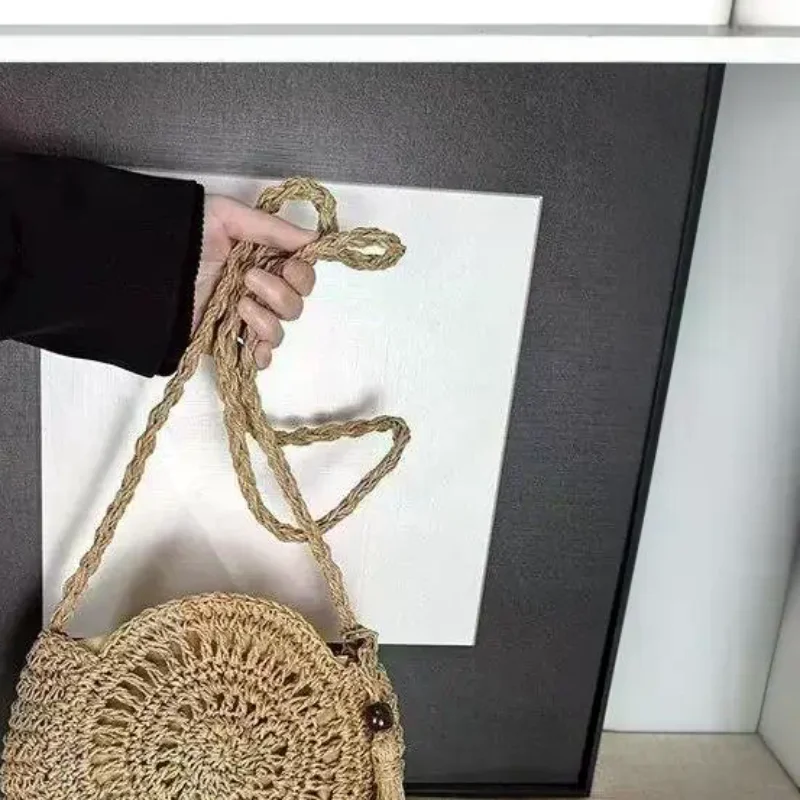 Hollow Straw Bag Circle Rattan Round Paper Rope Shoulder Bag Tassel Summer Beach Crossbody