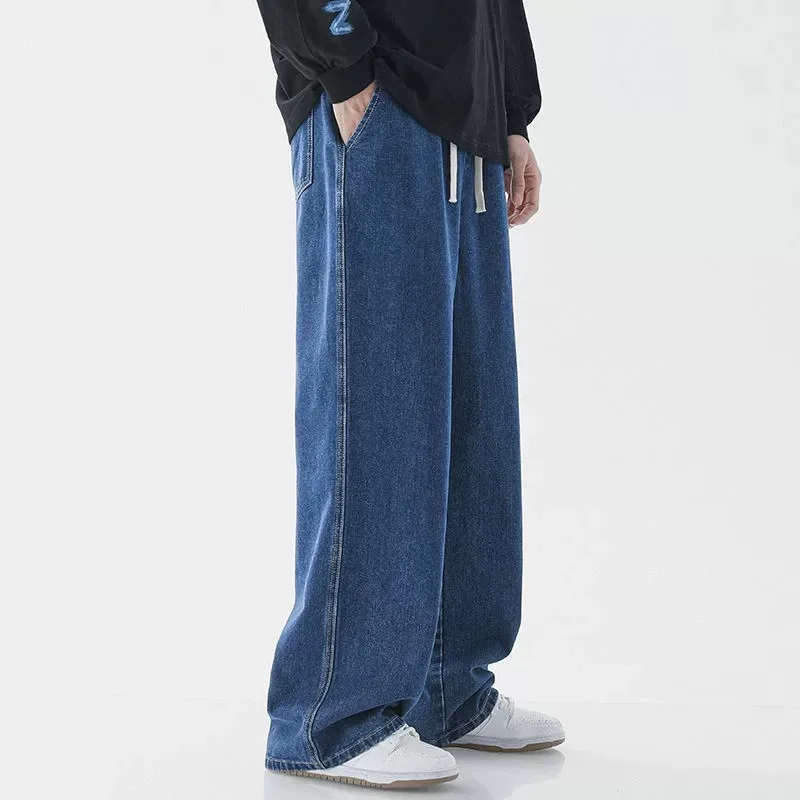 QICHE Men Light Blue Drawstring Elastic Waist Jeans Plus Size Loose Wide Leg Floor-Length Casual Denim Pants