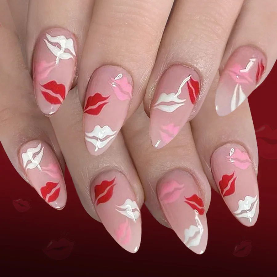 

24pcs Medium Press on Nails Girls Almond Valentine's Day Sweet Red Lips False Nails with Glue Fake Nails with Design Removable