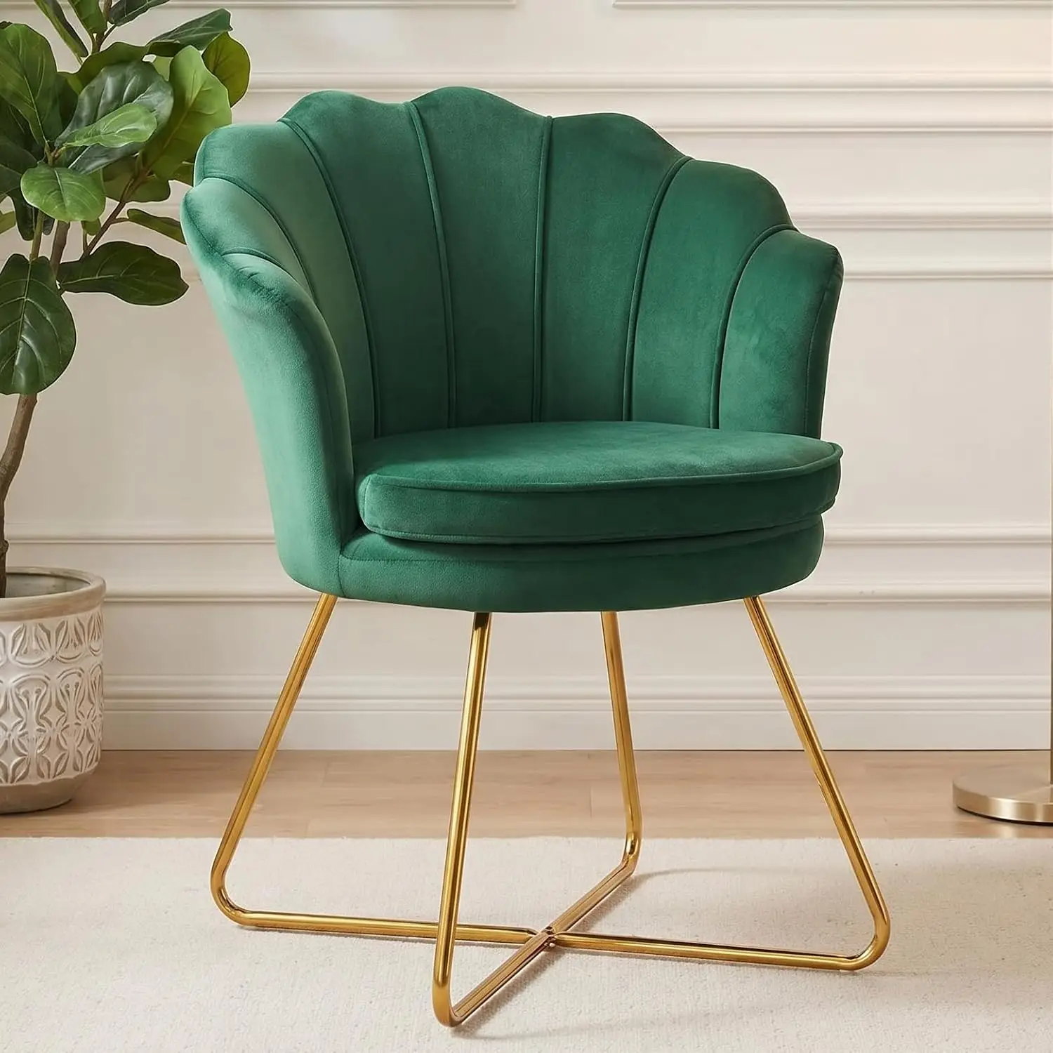 Velvet Shell Accent Chair, Criss Cross Back Gold Legs, Vanity Bedroom Desk Chair No Wheels, Customized