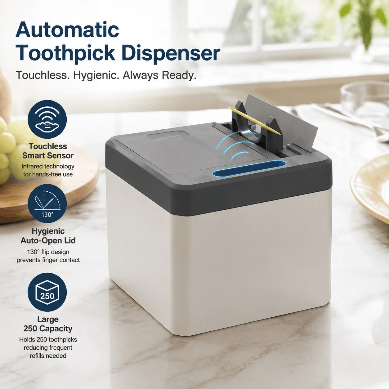 Automatic Toothpick Dispenser Smart Touchless Infrared Sensor 250 Capacity Electric Holder Kitchen Gadget Restaurant Hotel Decor