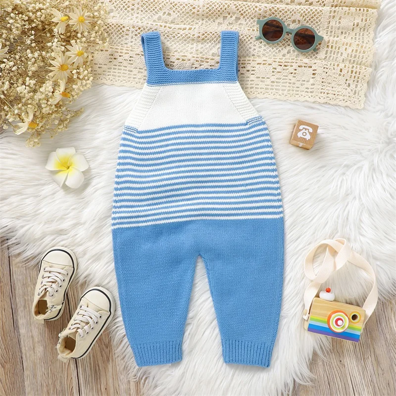 Baby Striped Sweaters Romper Overalls Button-up Sleeveless Square Neck Ribbed Knitted Jumpsuit