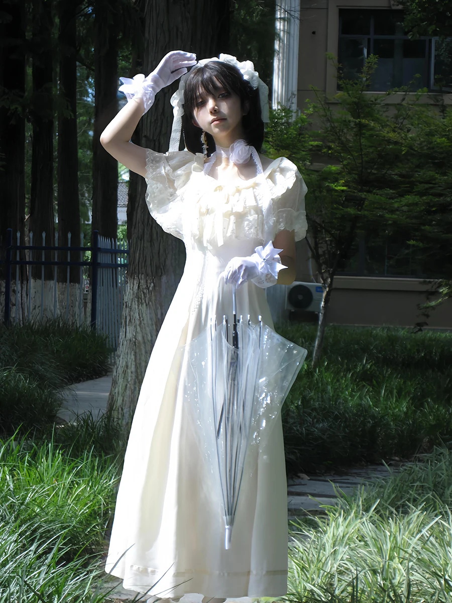 Reddachic babados tripulação pescoço feminino vestido longo lolita ponto laço arco rendas até mangas curtas plissados midi vestido longo roupas vintage