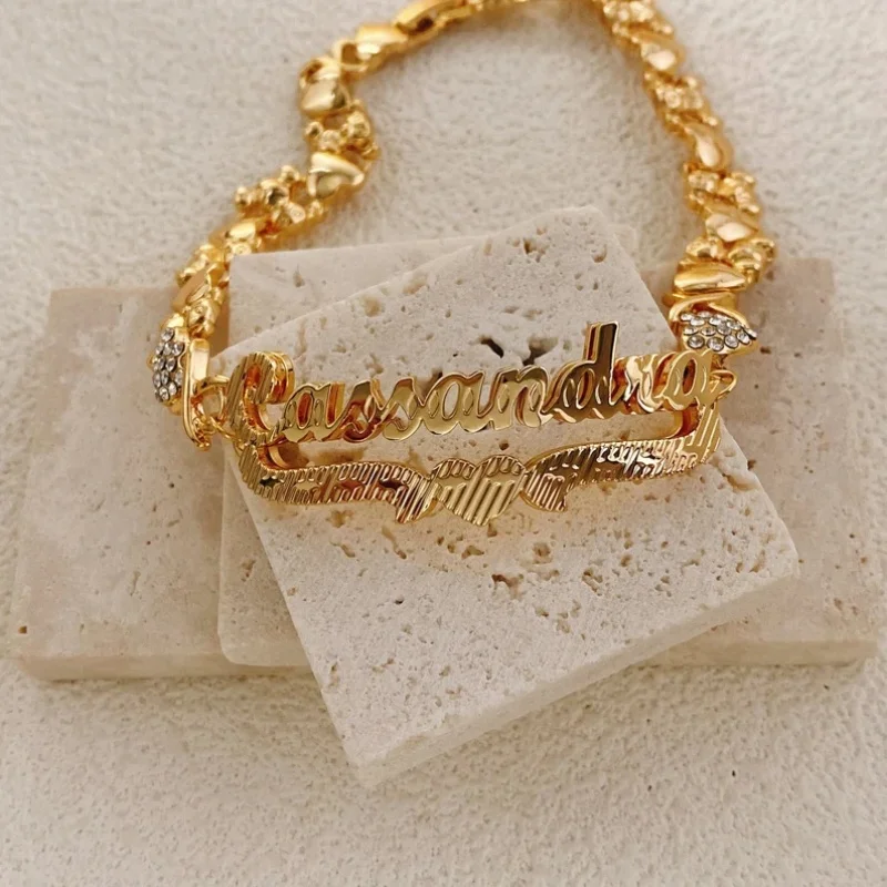 Double Layer Nameplate with Heart,Custom Name Bracelet,Double Plated Bracelet With Underline Heart Teddy Bear Chain,Girl's Gift