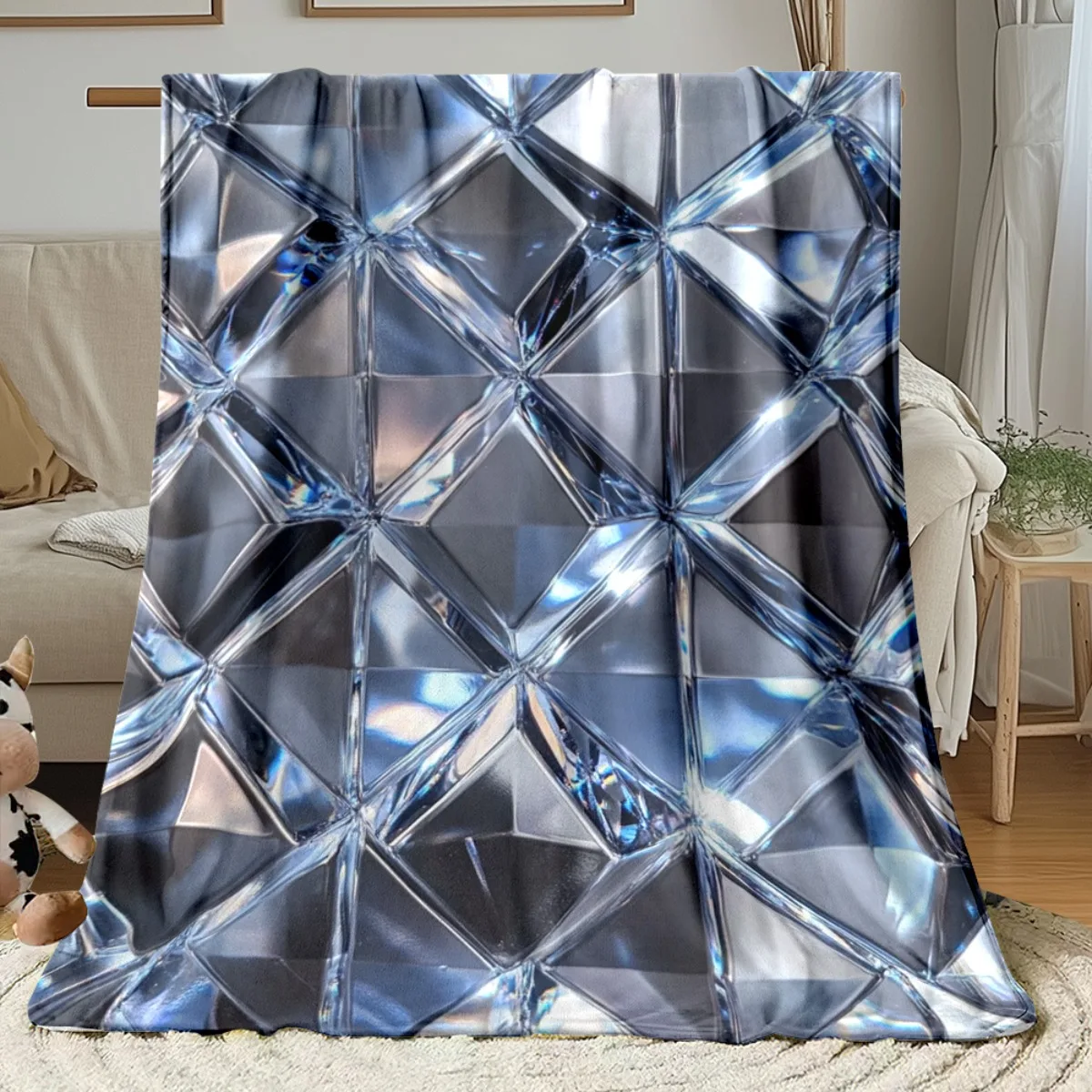 Crystal Diamond Pattern Geometric Reflective Design Fleece Blanket Modern Luxury Decor Soft Flannel Throw For Bedroom LivingRoom