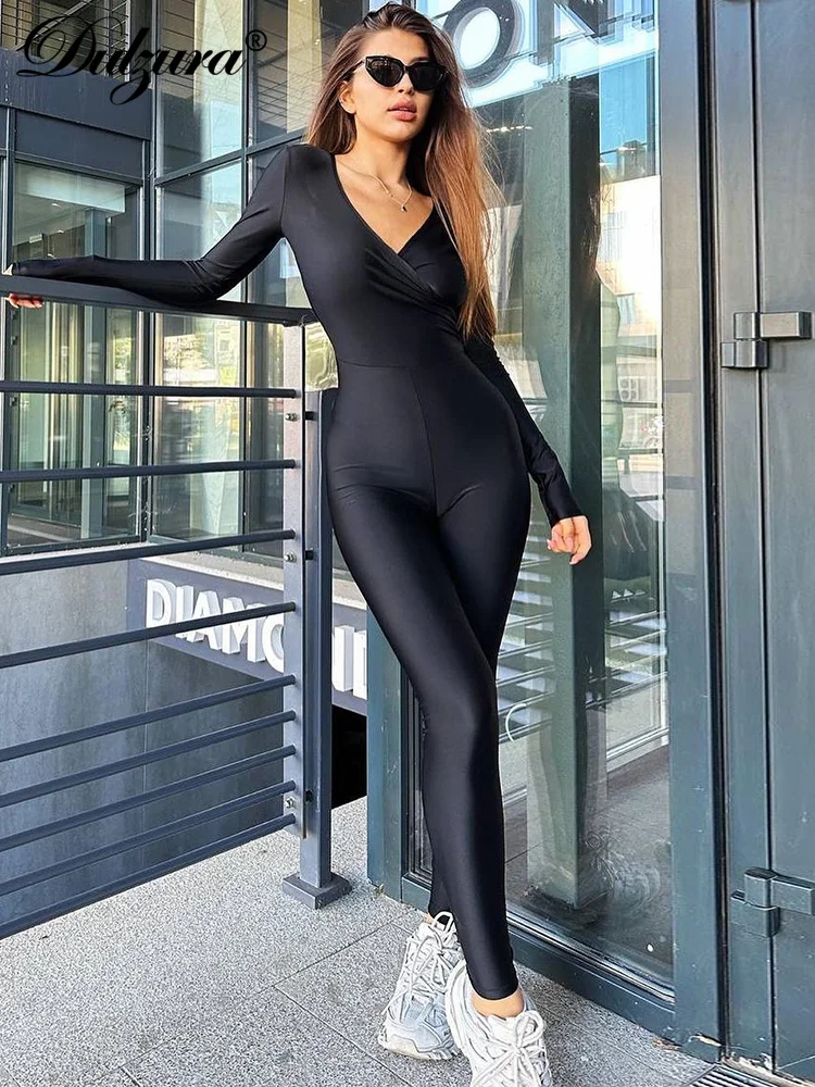 

Dulzura Jumpsuit Solid Pure Color Ruched V-Neck 2024 Autumn For Women Sexy Evening Party Outfits Clothing Streetwear Clubwear