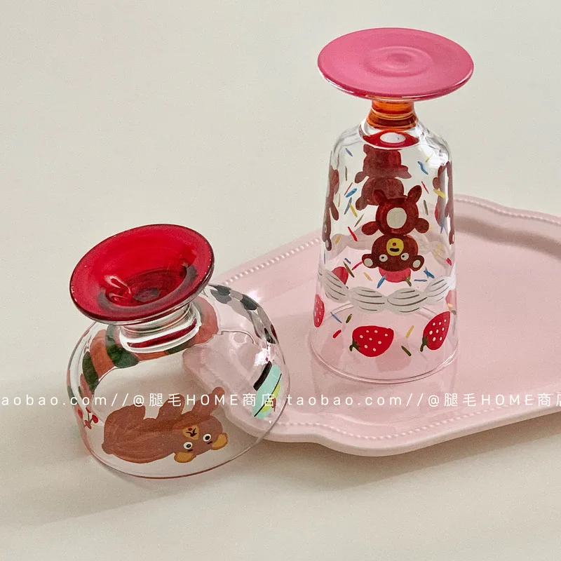 جميل Rilakkuma رسمت باليد الفراولة الباندا كأس زجاجي الحلوى أكواب الآيس كريم وأطباق من العصير كؤوس النبيذ الأحمر