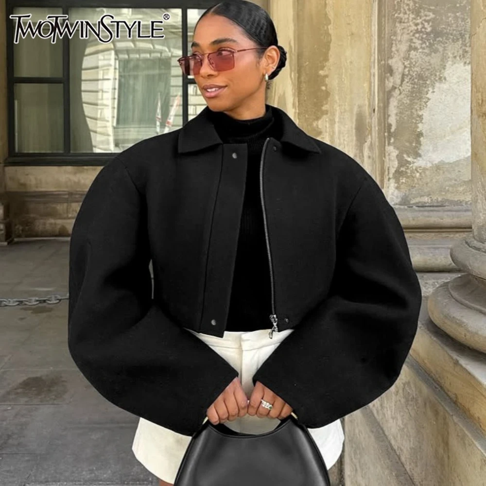 TWOTWINSTYLE Casual Solid Baisc Short Woolen Coat for Women Lapel Horn Sleeves Patchwork Zipper Jacket Female Fashion New Trendy