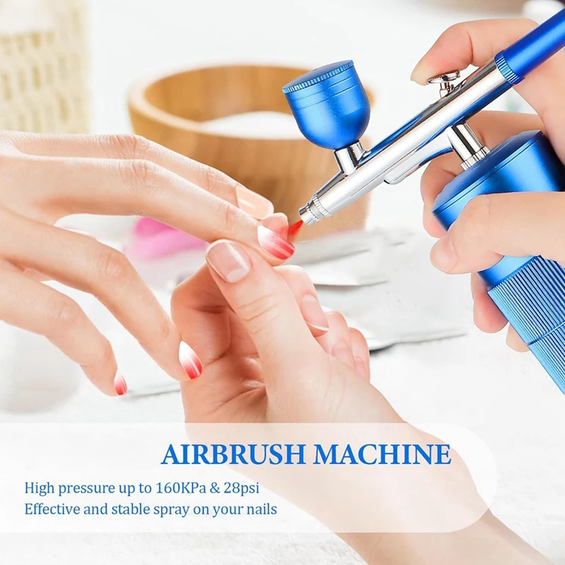 Airbrush Kit Machine, oplaadbare draagbare airbrush, professionele draadloze luchtborstel voor nail art, make-up, (blauw) Gemakkelijk te gebruiken