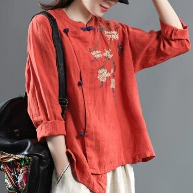 

Spring New Arts Style Women Vintage Button Stand Collar Loose Shirts Cotton Linen Embroidery Blouse Femme Blusas Tops 2023