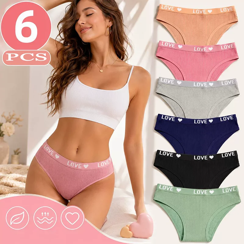 6Pcs Set Of New Personalized Letter Waistband Women Cotton Threaded Triangle Pants Mid Waist Breathable Sports Women's Underwear