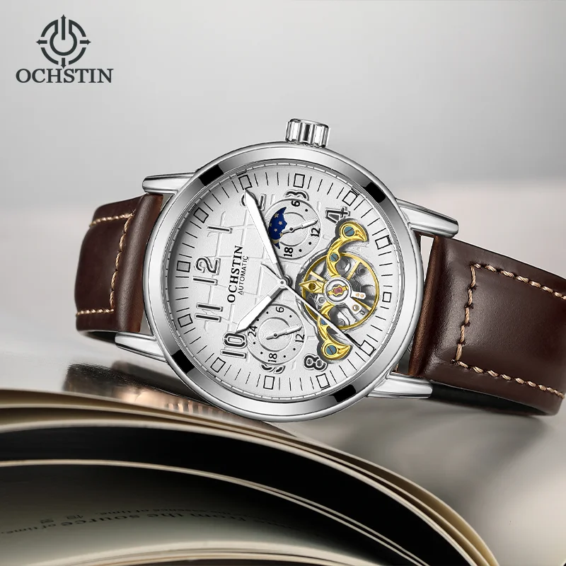 OCHSTIN Man Leather Strap Watch Mens Flying Tourbillon Skeleton Mechanical Movement Watches Waterproof Luminous Hands Clock