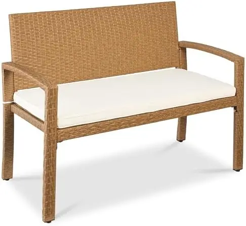 Outdoor Bench 2-Person Wicker Garden Patio Benches Seating Furniture for Backyard, Porch w/Seat Cushion, 700lb Capacity
