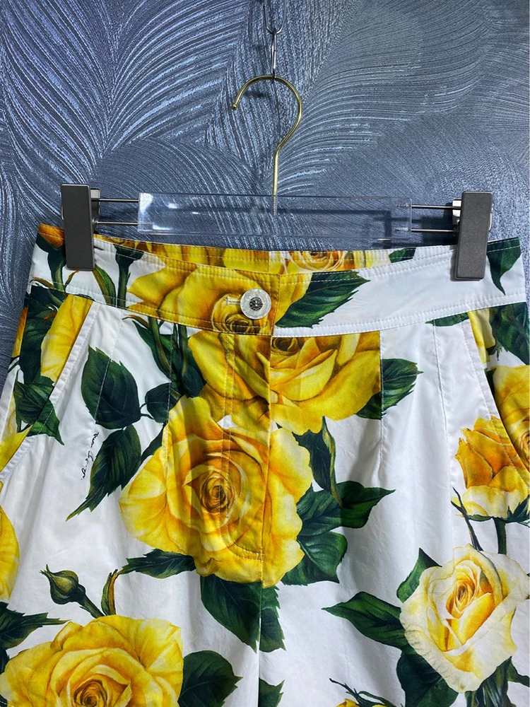 DLDENGHAN Spring Cotton Sicily Shorts Women Pockets Yellow Rose Floral Print High Street Shorts Fashion Designer New