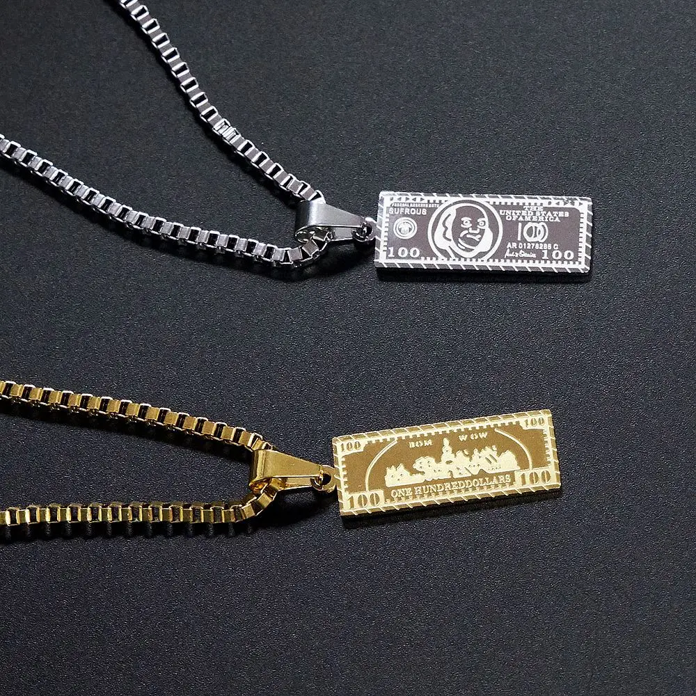 Titanium Steel Plated 18k Gold Trendy Person USD Banknote Necklace Personalized Hip-hop Men's and Women's Accessories