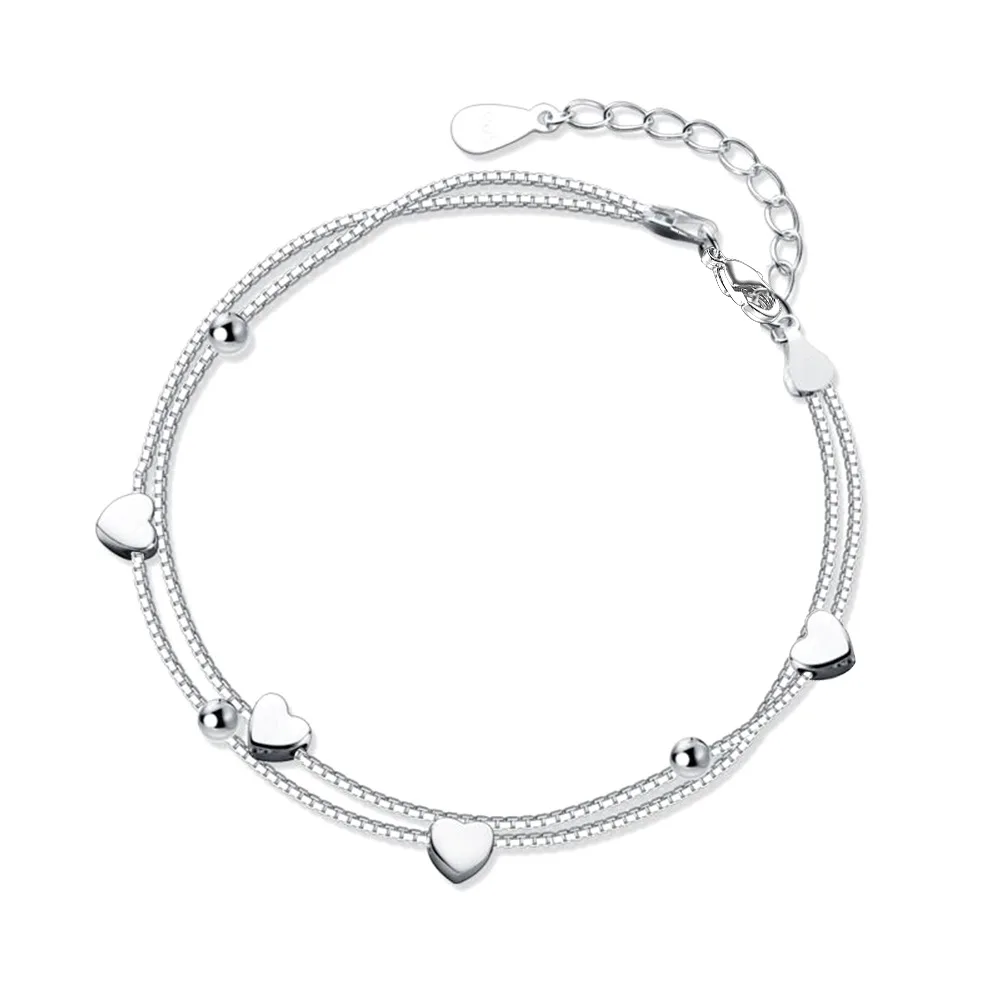 Hot Sale S925 Silver Charm Bracelet Double Layers with Extender Chain Nice Heart Design fit Birthday Valentines Day Gift