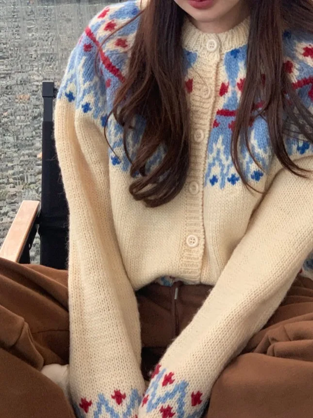 

Retro Knitted Long Sve Sweater Coat Women's Loose Lazy Single Button Anti-Aging Knitted Open Cardigan round Ne Design