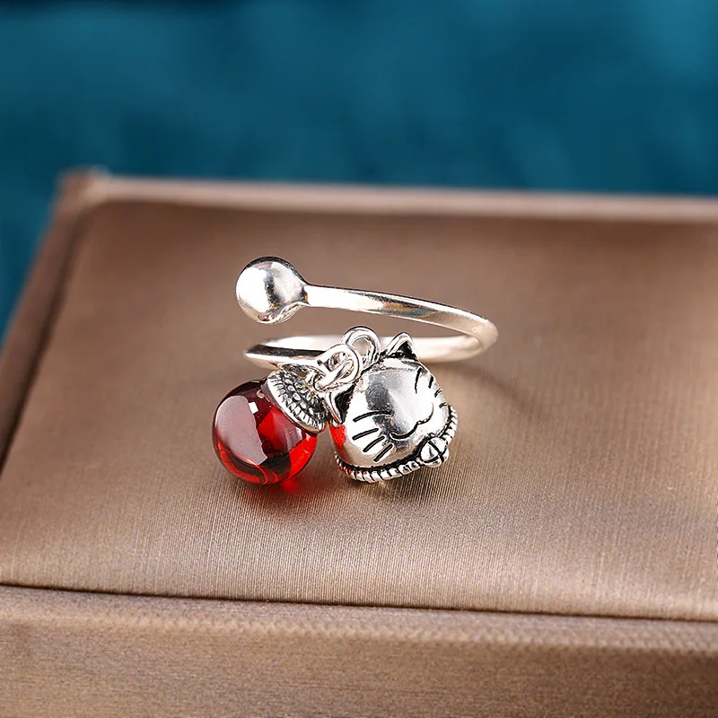 Really 925 Thai Silver Pomegranate Red Cute Dingdang Cat Ring Women's Fashion Lucky Jewelry