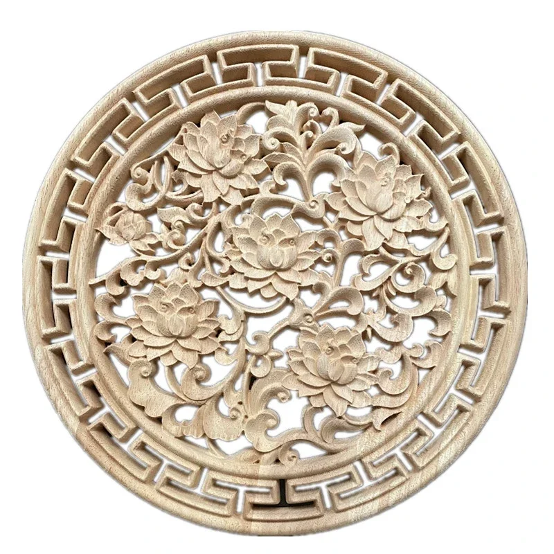 30-38cm Wood Carved Applique Mouldings Onlay for Decor Furniture Decals Corner Round Frame Onlay Cabinet Unpainted Figurines