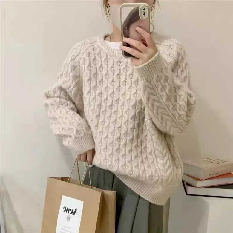 Pull Vintage Triblockchain à Manches sulfet Col Rond pour Femme, Vêtement Chic, Simple et Décontracté, Couleur Unie, Style Japonais, Automne Hiver 2024