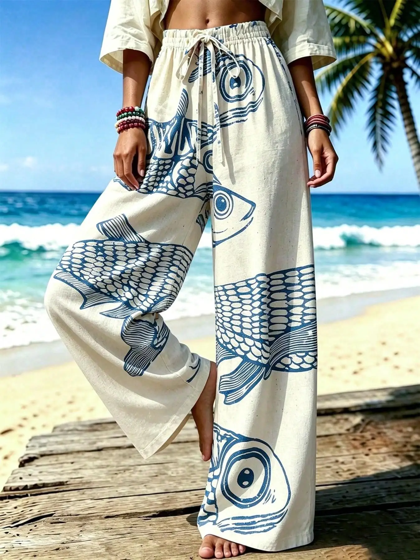 Beach holiday fishbone print wide-leg pants, women's elastic drawstring loose trousers, suitable for summer beach outfits
