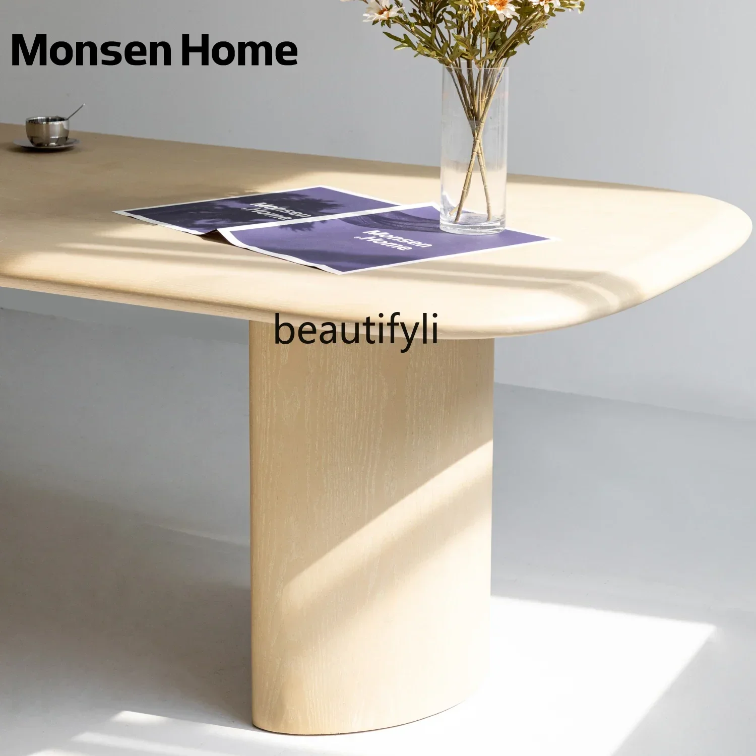 

Semi-round dining table household cream style log color dining table Nordic thickened tabletop