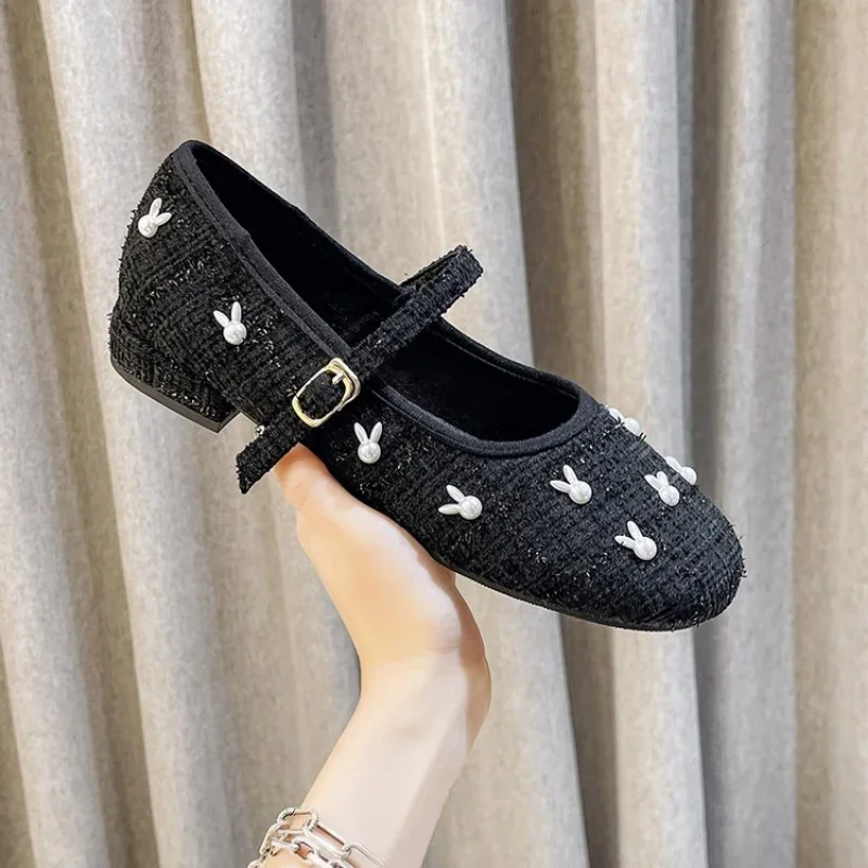 New Women\'s Flats Comfortable Fashion Casual Flats Women\'s Soft Buckle Thick Low Heel Square Head Shallow Mouth Flats 2024