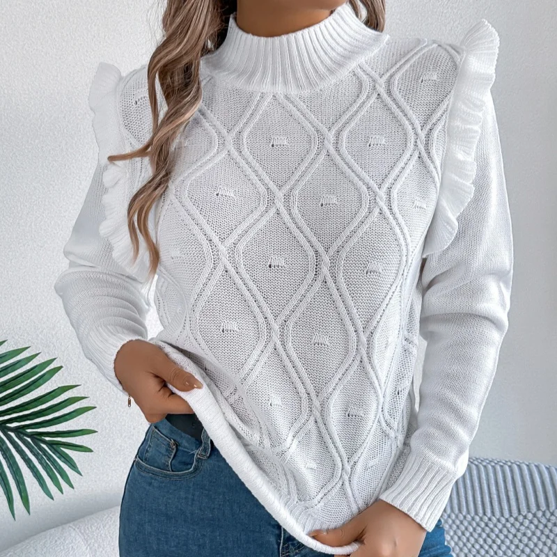 

2025 Autumn Winter Ruffled Edge Sweater for Women Solid Color Casual Pullover Sweaters Tops Stand Collar Long Sleeve Jumpers