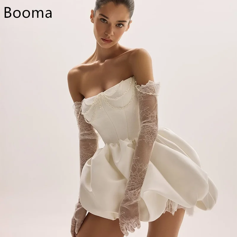 

Booma Simple Strapless Pearls Pleat A-line Mini Ivory Wedding Dresses Sleeveless Satin Corset Brides Gown Custom Made 2025