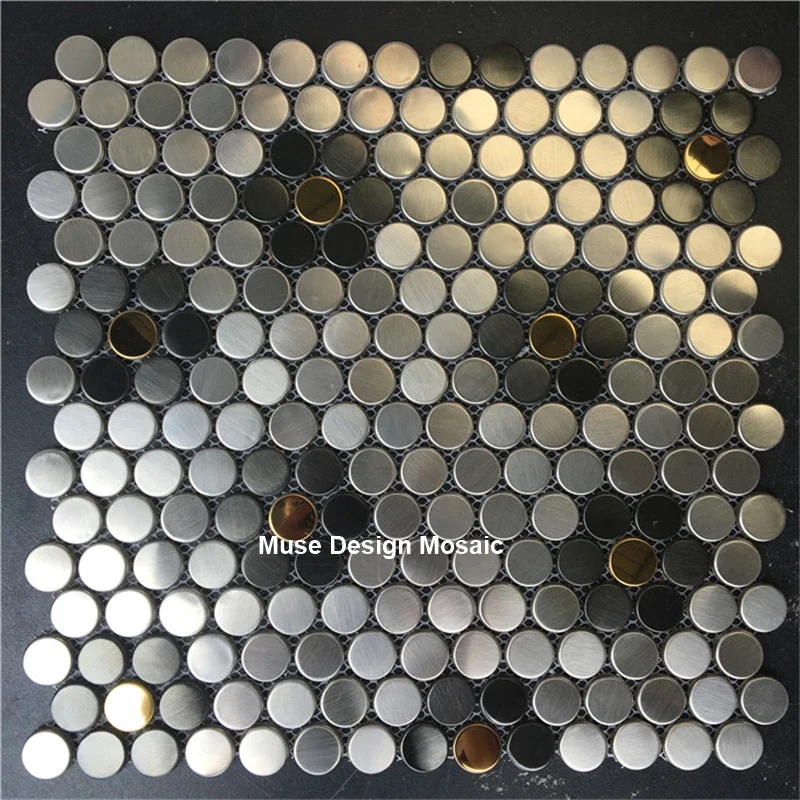 

Penny Round Metal Mosaic Tile Brushed Black Gold Flower Silver Kitchen Backsplash bathroom Wall Tile DIY Cabinet Decor,Dia 19mm