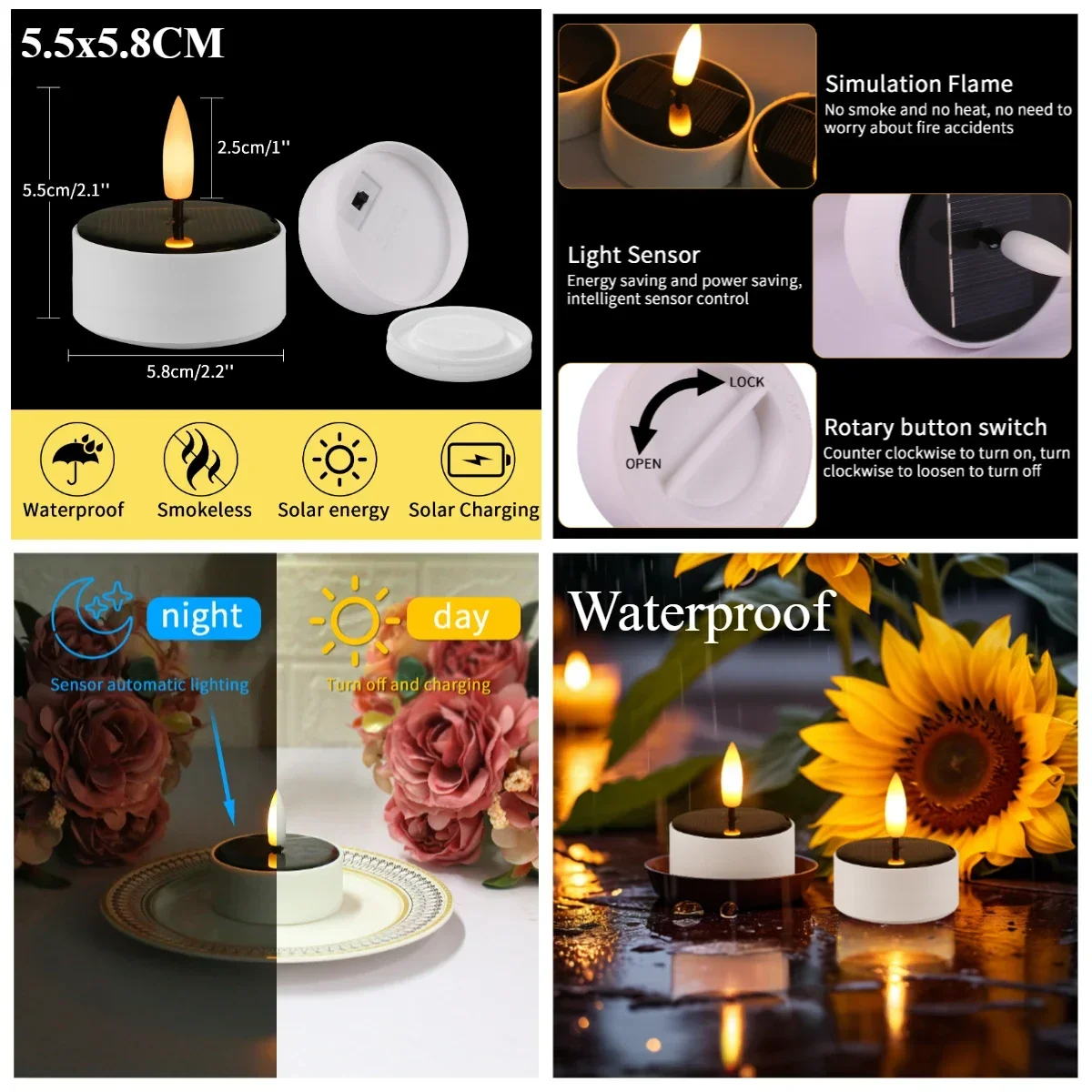 Velas solares de luz, 6 uds., vela, luz de té, velas parpadeantes sin llama, luz nocturna LED Solar electrónica, lámpara de vela Solar para jardín