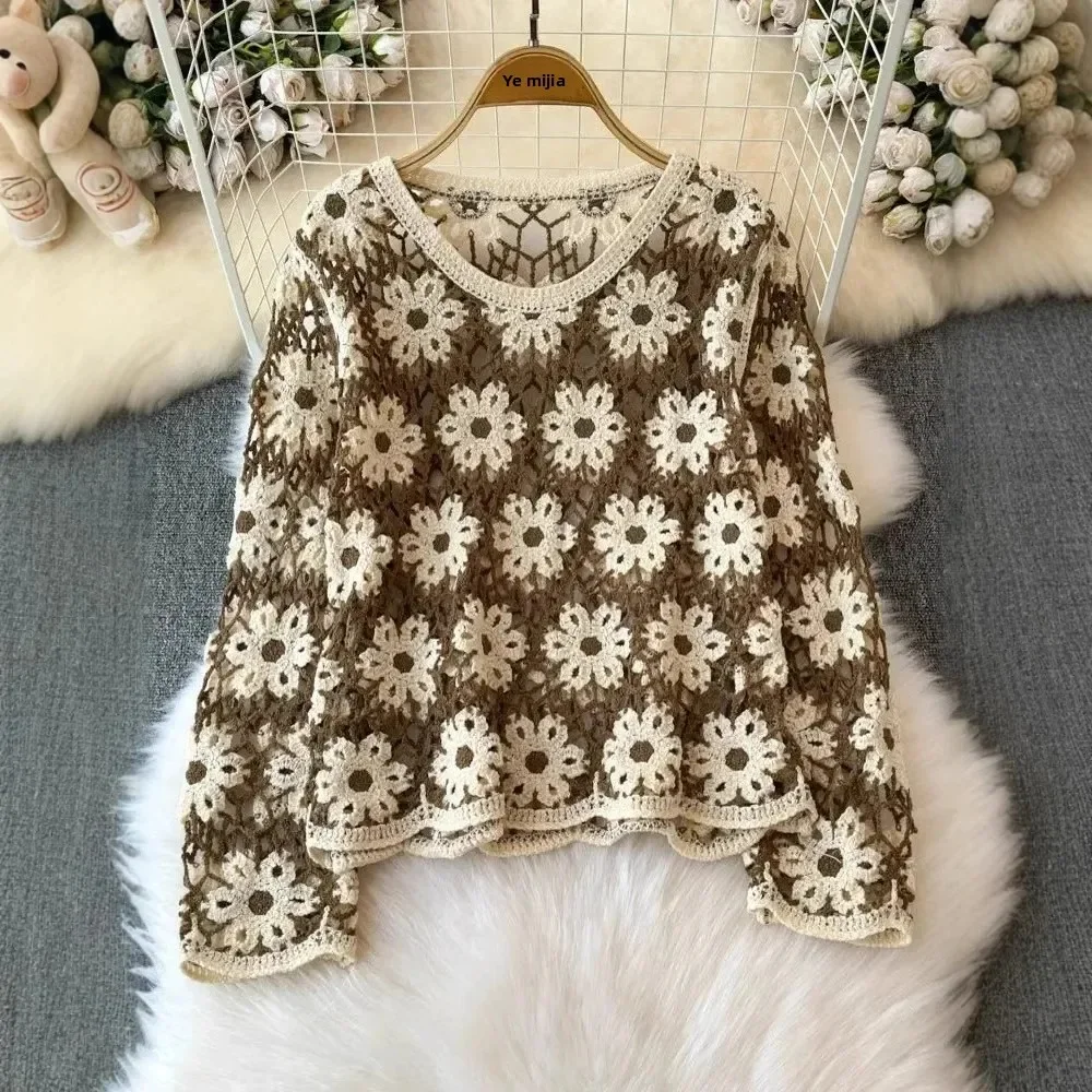 

Elegant French Style Women's Long Sleeve Lace Top Hollow Out Knitted Sweater Age Defying Wave Edge Design Cotton Crew Neck