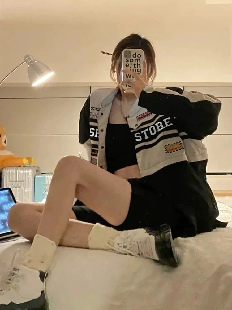 plus Size Detachable Patchwork Motorcycle Baseball Jaet Women's Autumn Winter Loose Slimming Long Sve Jaet Top