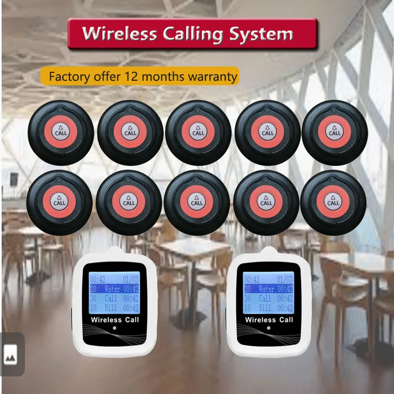 

QWICALL Wireless Restaurant Guest Calling System 10 Calling Buttons 2 Belt Watch Receiver for Waiter Cafe, Bar Call Bell