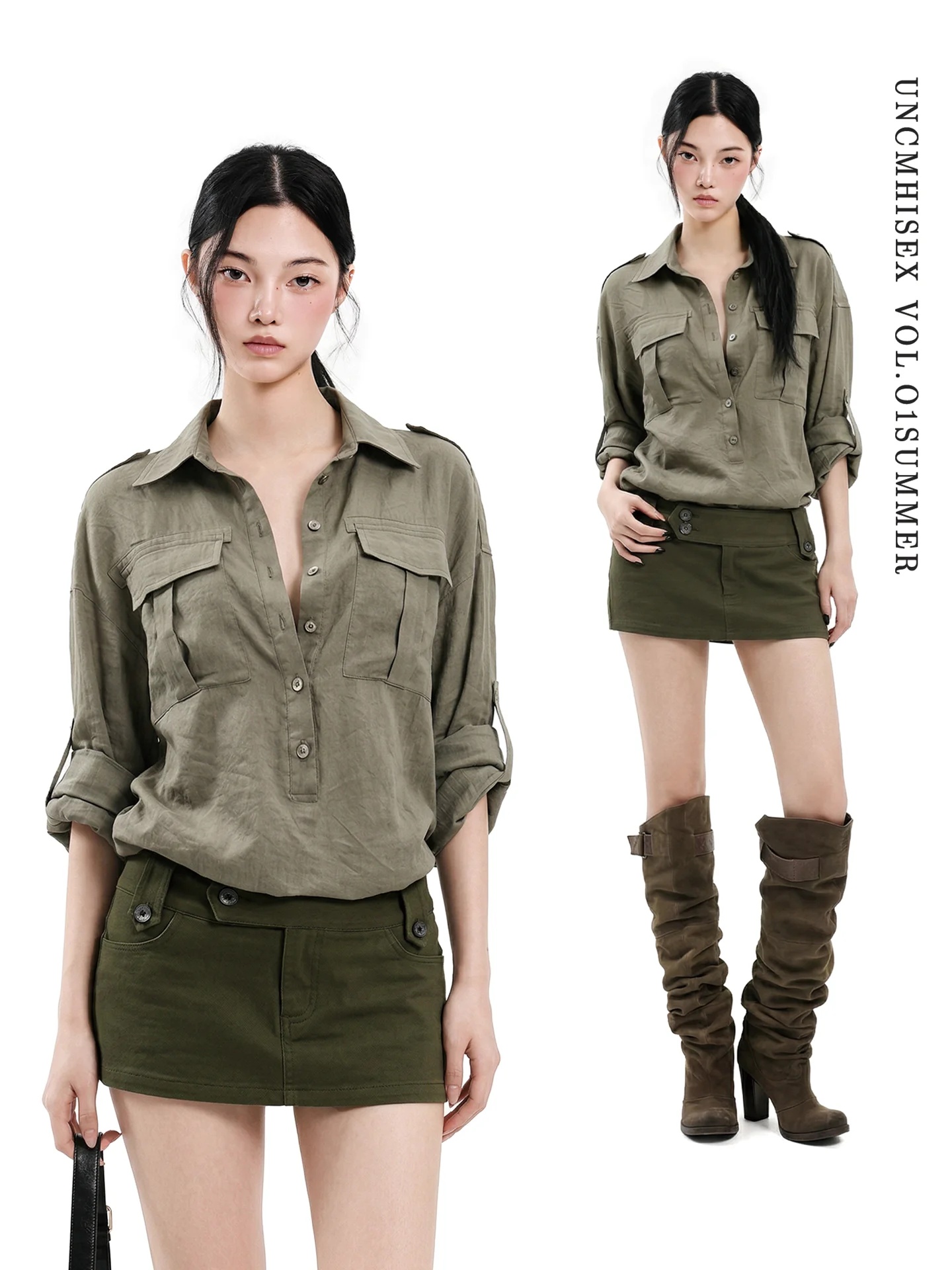 

Ретро-рубашка в стиле милитари зеленого цвета с длинным рукавом, свободного кроя, в рабочем стиле, женская летняя повседневная рубашка в стиле Spicy Girl, с отложным воротником, на пуговицах